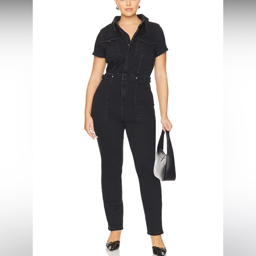 Good American Fit For Success Jumpsuit Black 099 Stretchy Denim Zip Adjustable 6